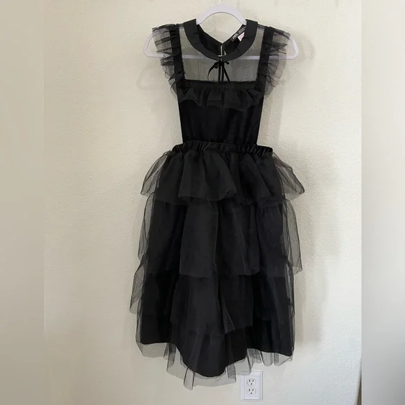 Zara Wednesday Adam’s Black Dress Tule Ruffle Victorian Peter Pan Collar - Picture 2 of 8